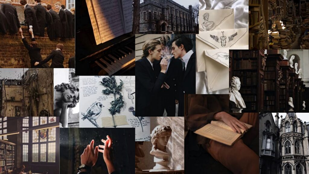 Dark Academia Secret History wallpaper collage of antique books statues architecture in sepia tones