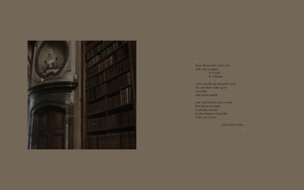 Dark academia vintage library with wooden shelves classical portrait and poetic excerpt wallpaper