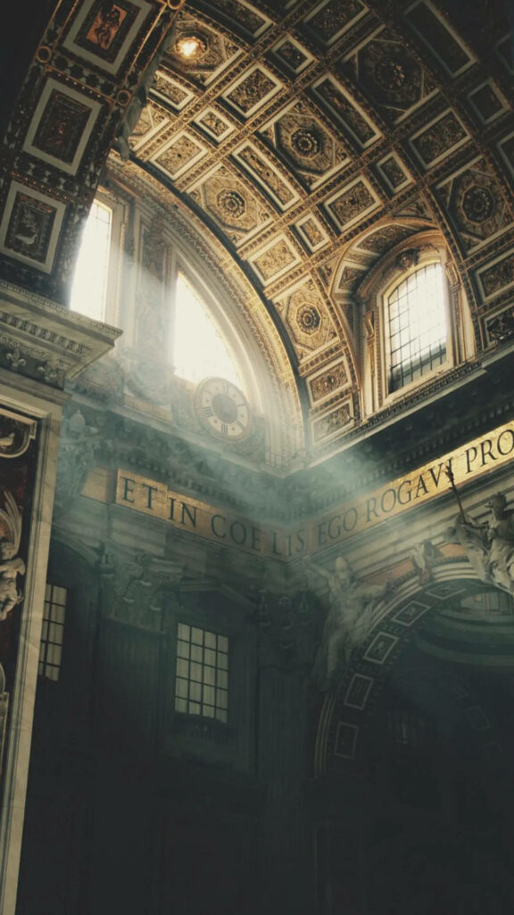 Dark academia wallpaper with arched windows golden ceilings and Latin inscriptions sunlight streams