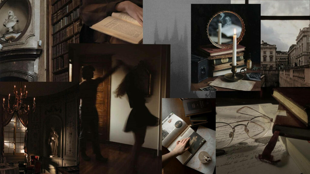 Dark academia wallpaper with vintage books handwritten letters candlelit rooms and antique décor