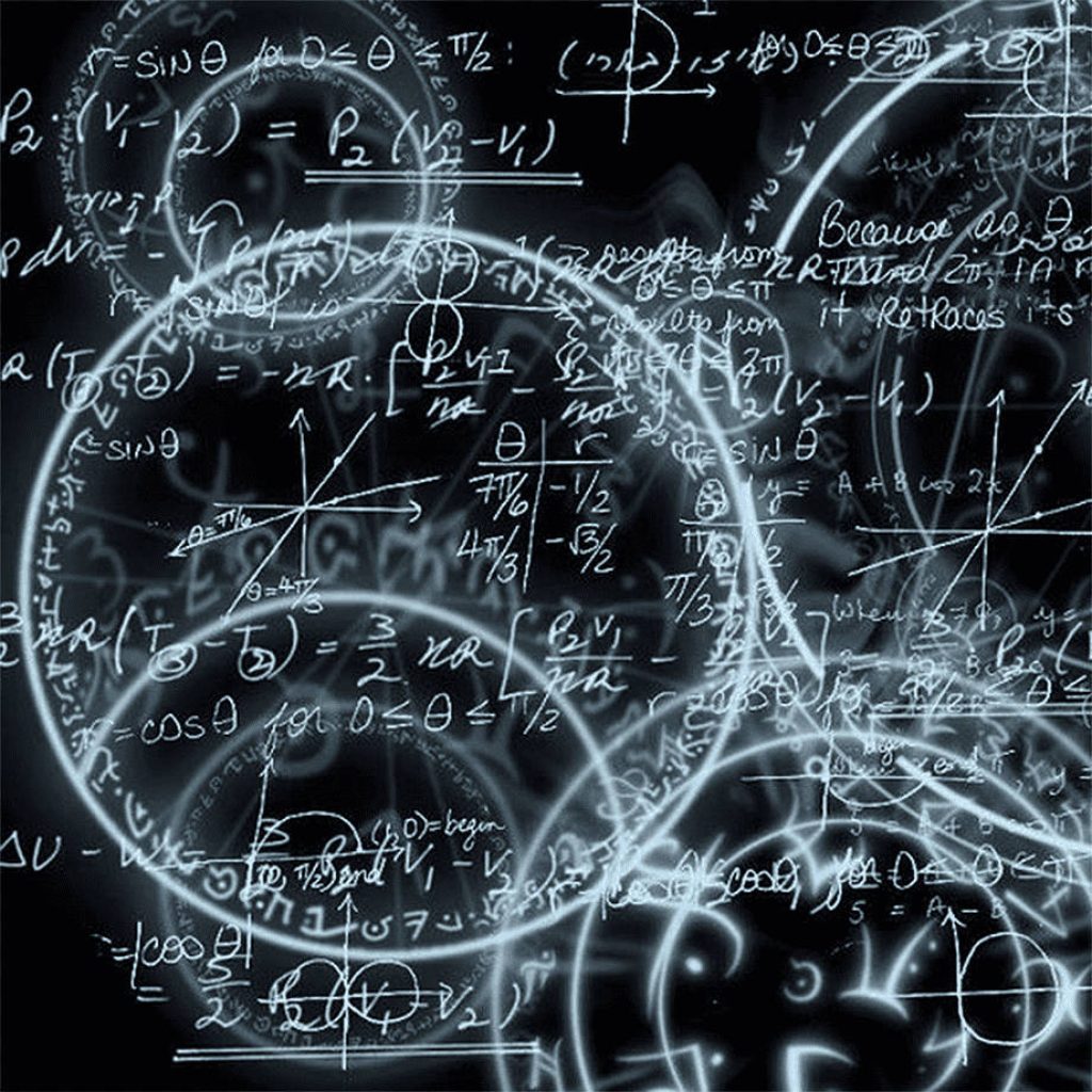 Dark academic wallpaper with white chalk physics equations and trigonometric diagrams on black