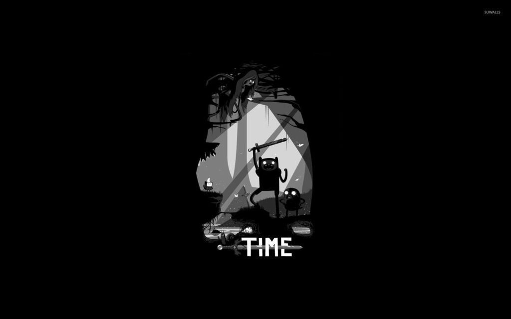 Shrouded in Shadows: The Mysterious Adventure Time Duo Finn and Jake in a Creepy Forest Wallpaper