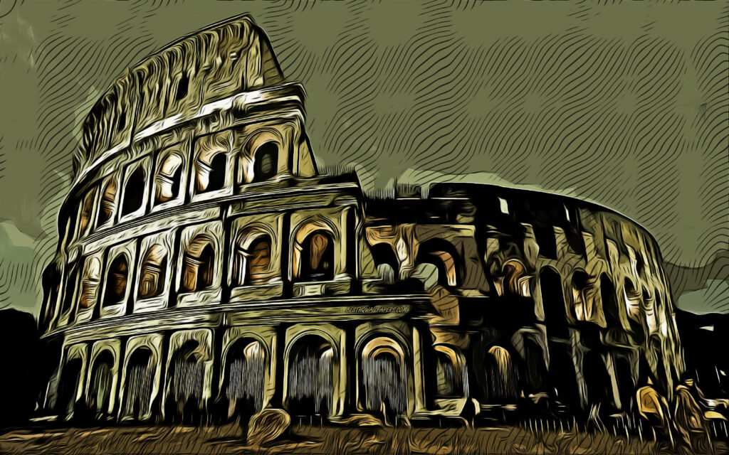 Dark artistic Roman Colosseum wallpaper with dramatic shadows and muted green tones background