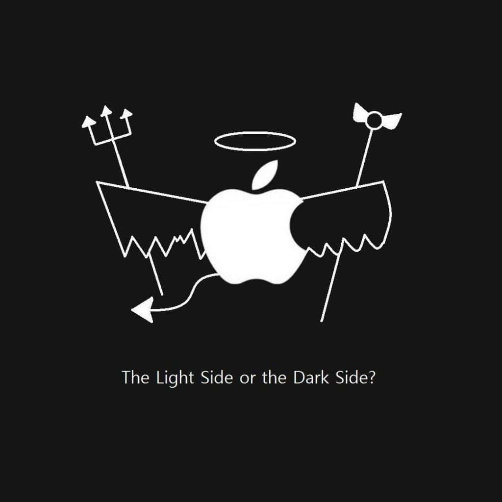 Dark aesthetic iPad wallpaper with minimalist white Apple logo angel devil design text contrast