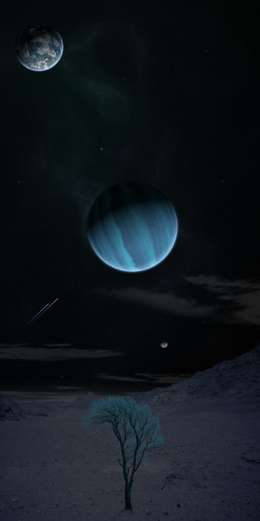 Cosmic Alien Landscape Wallpaper with Glowing Tree and Planets