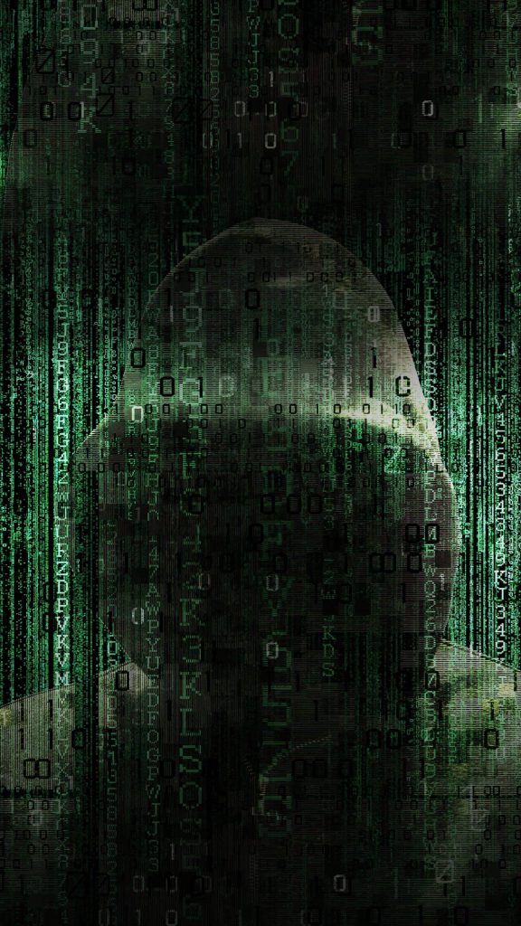 Dark Android wallpaper with hooded hacker silhouette and falling green binary code digital rain