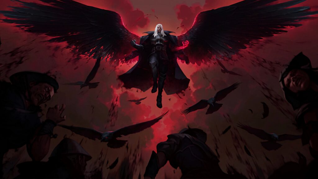 Dark angel with black wings descends against stormy red sky crows shadowy figures fantasy wallpaper
