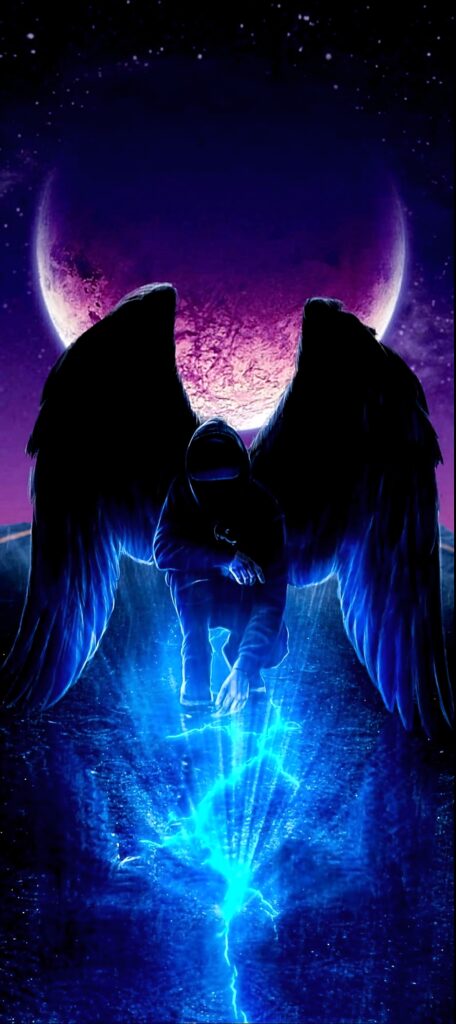 Dark angel with black wings crouching on reflective surface under purple moon and cyan cosmic light Wallpaper