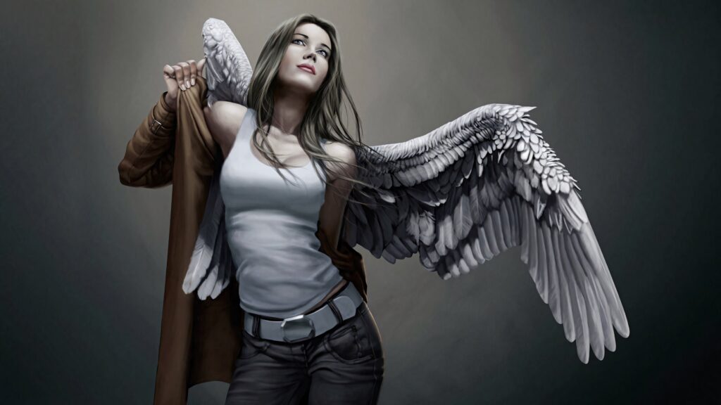 Dark angel digital art with white wings modern attire detailed feathers fantasy realism wallpaper