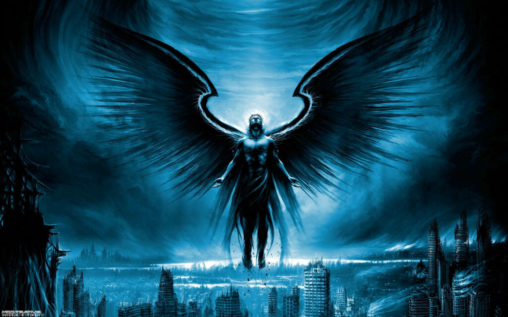 Dark angel with black wings hovers over ruined cityscape in haunting blue supernatural digital art wallpaper