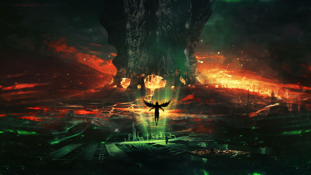 Dark angel rising with wings from fiery underworld glowing red and green fantasy wallpaper background