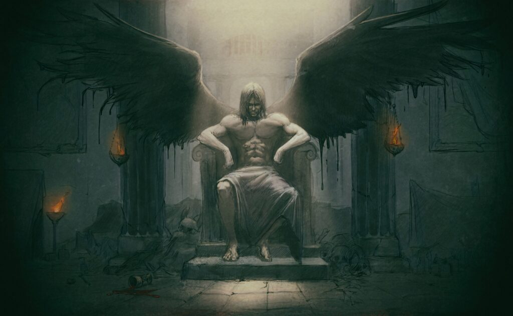 Dark angel statue with outstretched wings on stone throne in gothic hall with glowing torches Wallpaper