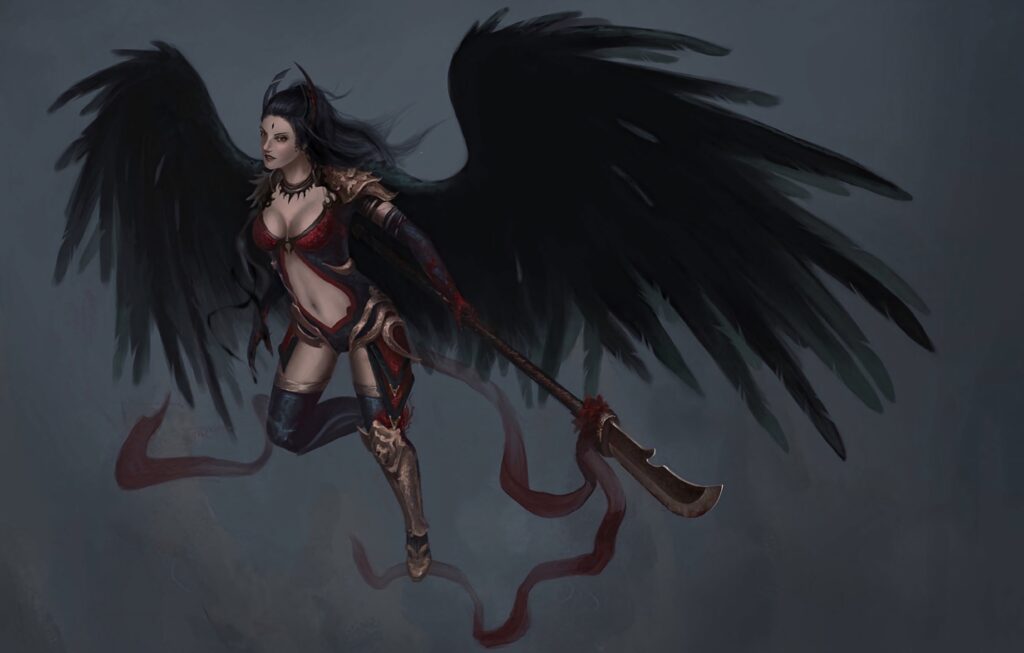 Dark angel with black wings in detailed armor wielding massive weapon fantasy wallpaper background