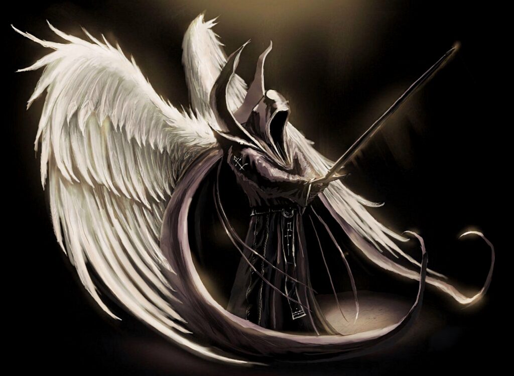 Dark angel with expansive white wings and sword in shadowy robes fantasy wallpaper background