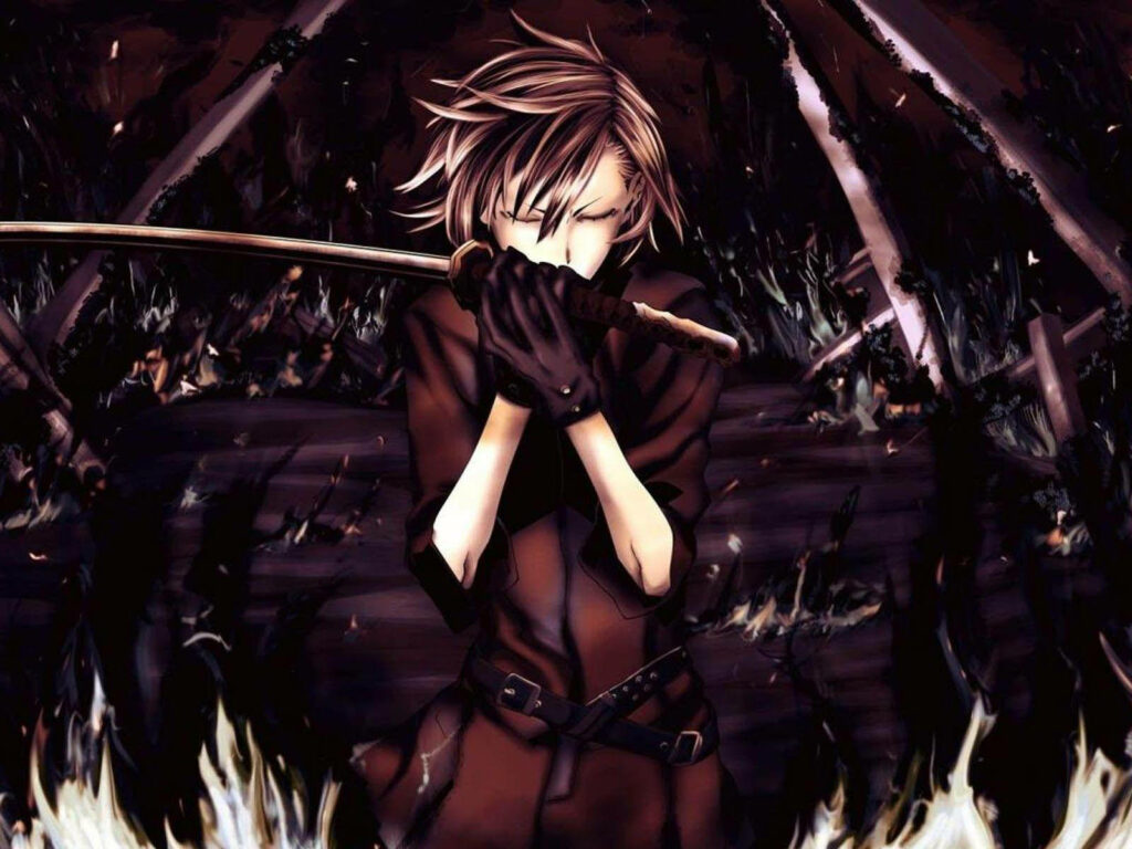 Captivating Anime Cool Boy Brandishing a Sword in a Mysterious Setting Wallpaper