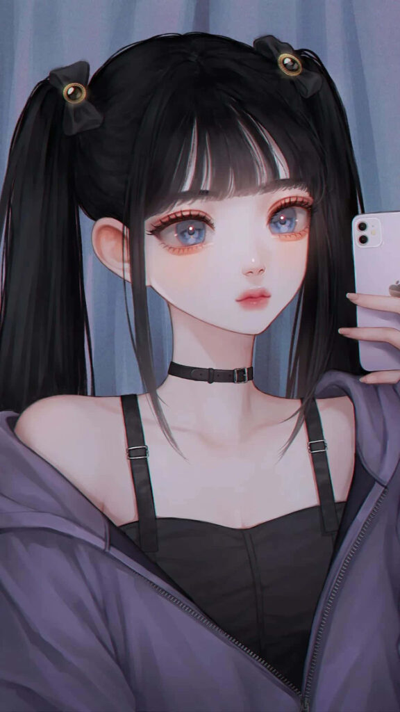 Chic Dark Anime Girl Wallpaper: Striking Blue Eyes & Gothic Elegance