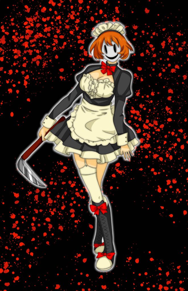 High-Rise Invasion anime character in maid outfit holding sickle with blood splatter background Wallpaper