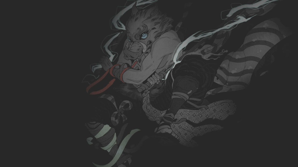 Dark Anime Aesthetic Wallpaper: Inosuke Hashibira in Intense Pose