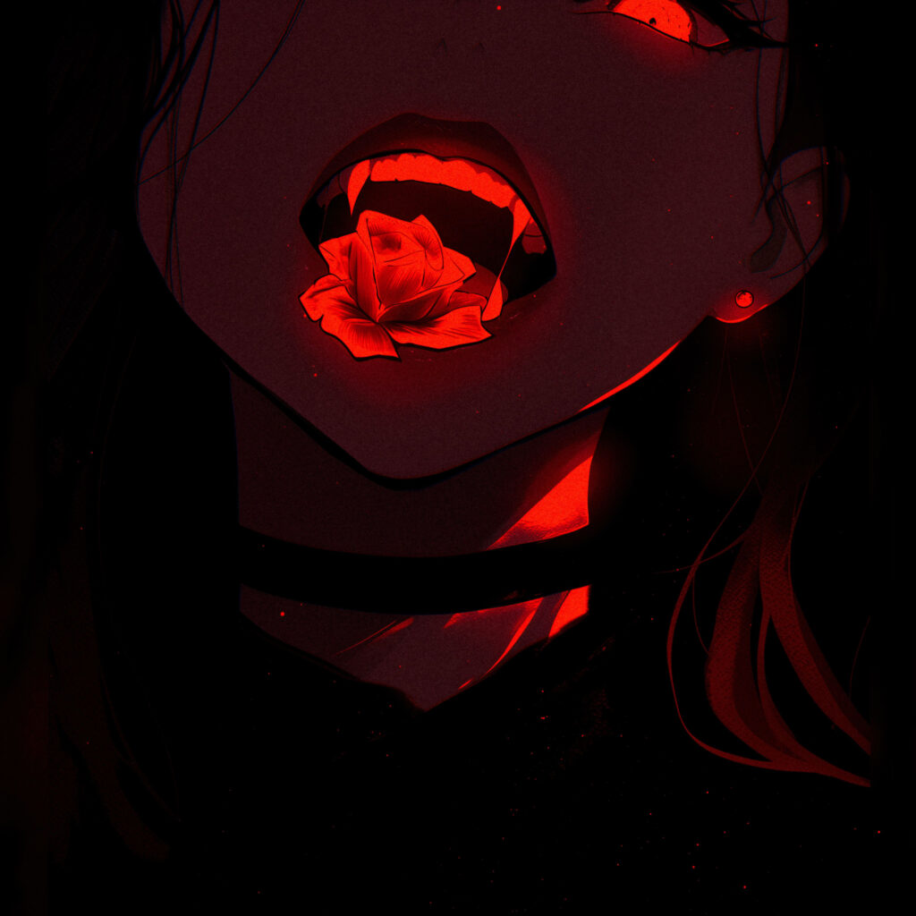 Mysterious Dark Anime Girl with Fangs & Red Rose Wallpaper