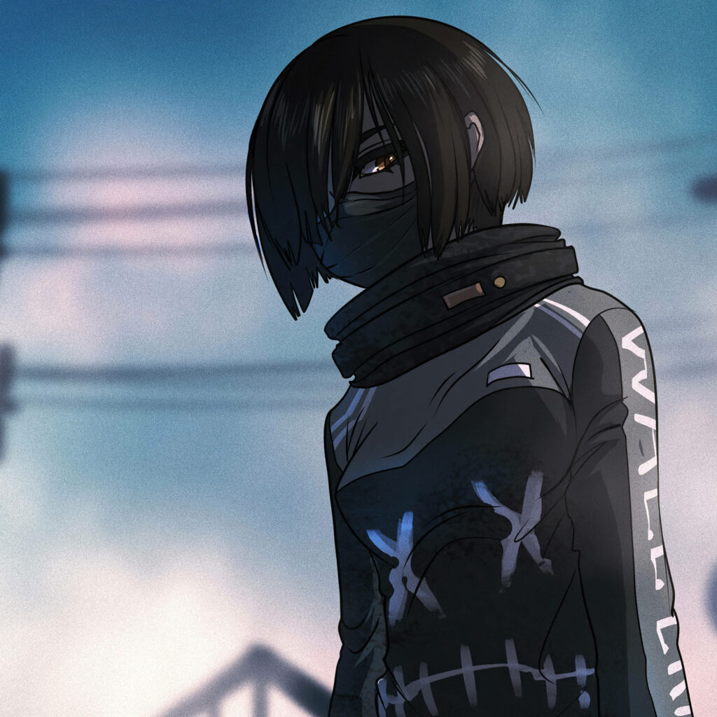 Dark Anime Wallpaper: Short-Haired Girl with Mask & Scarf