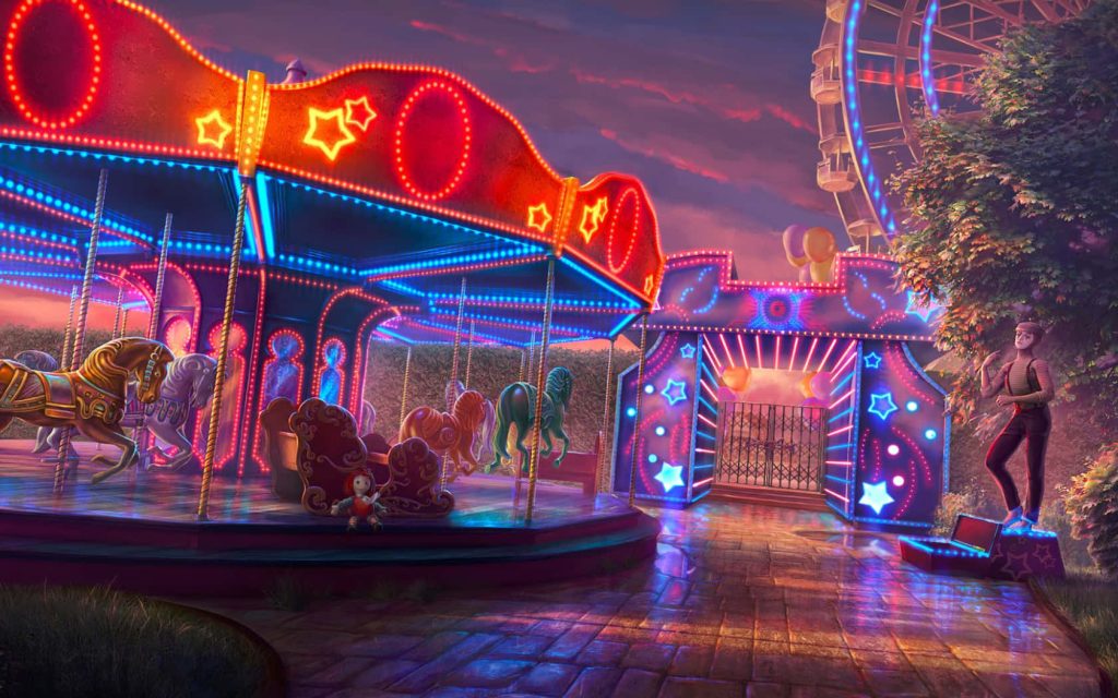 Neon-lit carousel and starry gate at twilight with lone performer in Dark Arcana carnival wallpaper