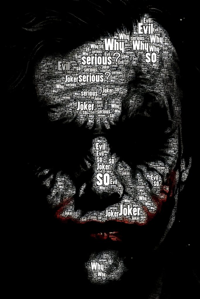 Dark Artistic Wallpaper: Face of Words - Joker & Evil Monochrome Design