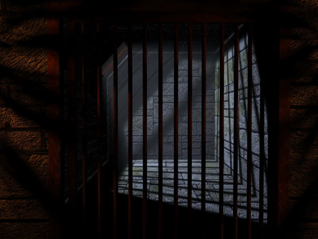 Dark atmospheric jail wallpaper with isolated cell iron bars and dramatic light shafts shadows