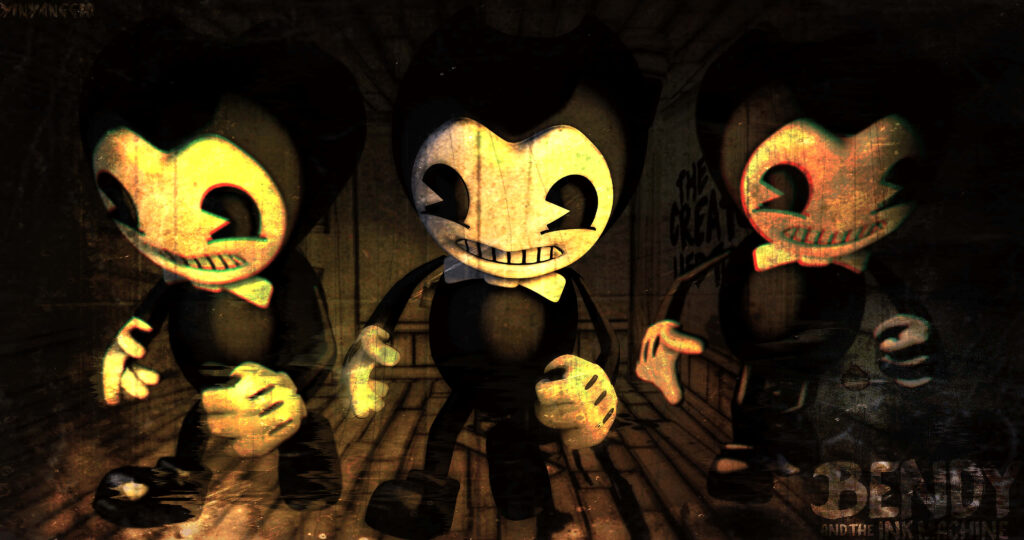 Dark wallpaper with three eerie Bendy characters glowing eyes ink-stained hallway background
