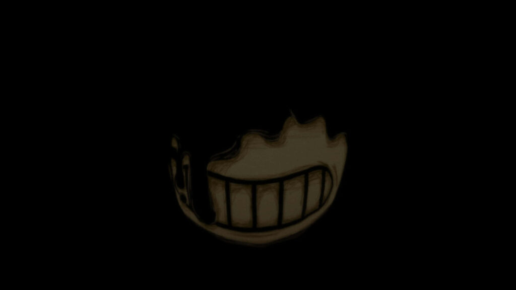 Sinister smile of Bendy from Bendy and the Ink Machine glowing in dark eerie wallpaper background