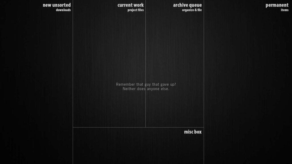 Dark brushed-metal desktop organizer wallpaper with clean grid and motivational quote for productivity