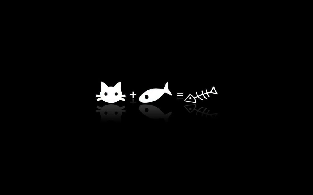 Minimalist black iPad wallpaper with white cat plus fish equals fish skeleton math equation design