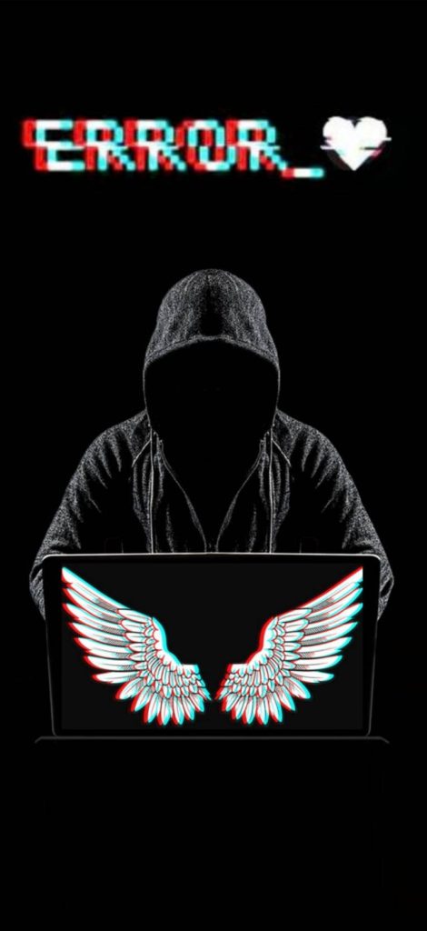 Dark digital wallpaper with hooded figure, vibrant 3D glitch wings, and error text design