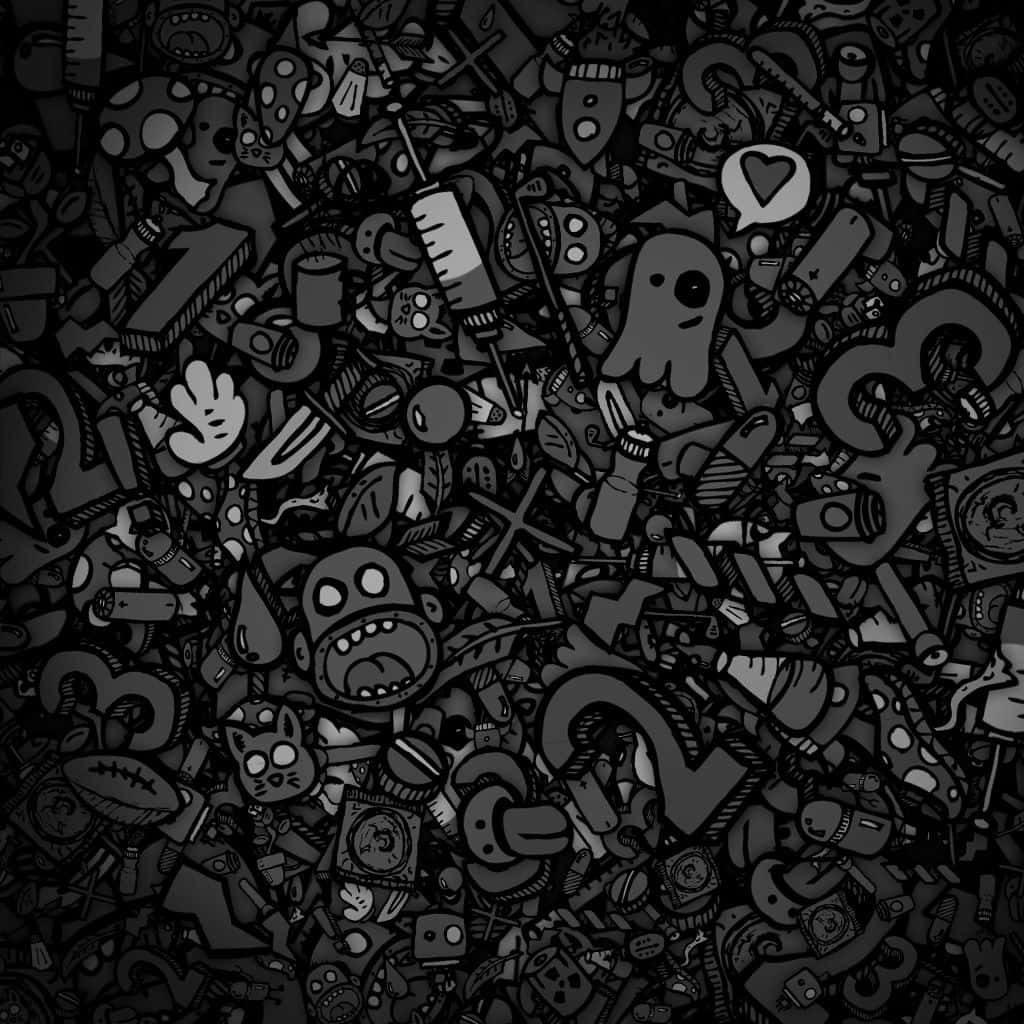 Dark doodle wallpaper with grayscale cartoon ghosts syringes and numbers urban street art