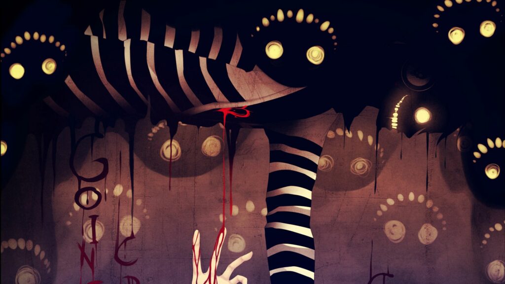 Dark Abstract Wallpaper with Eerie Figures and Striking Stripes