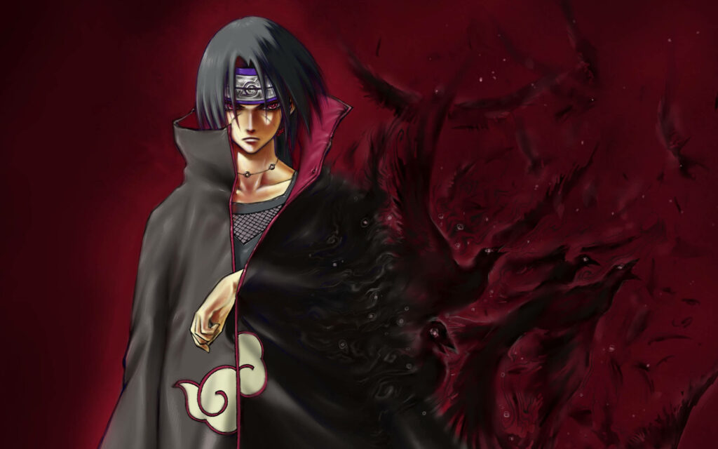 Naruto Itachi Uchiha digital anime wallpaper black Akatsuki cloak red background crows swarm