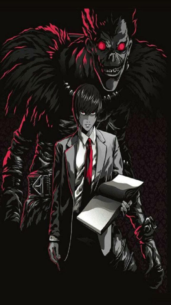 The Enigmatic Encounter: Light and Ryuk's Ominous Convergence - Death Note iPhone Wallpaper