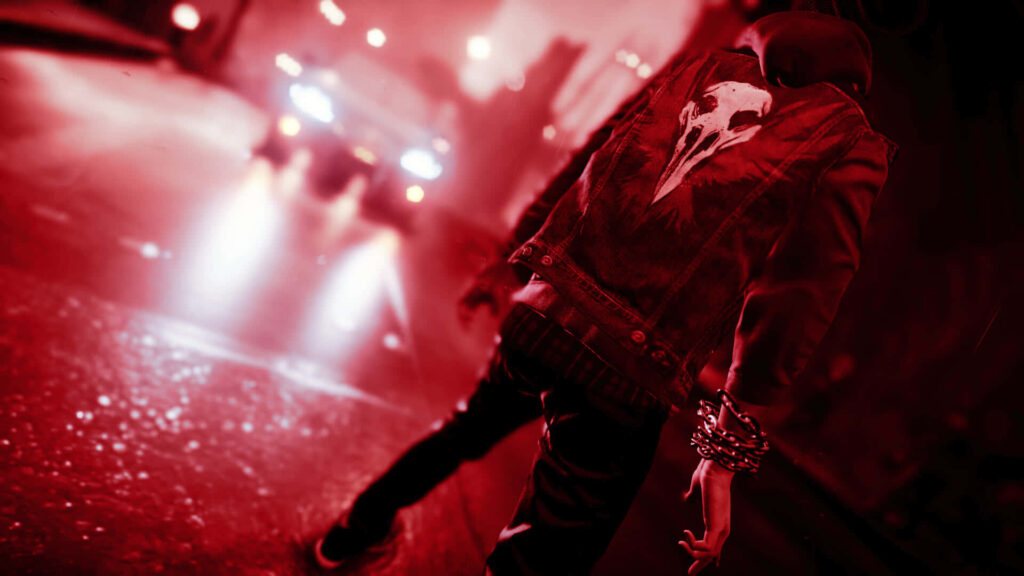 Enigmatic Dark Figure in Red-Hued Cityscape Wallpaper Background