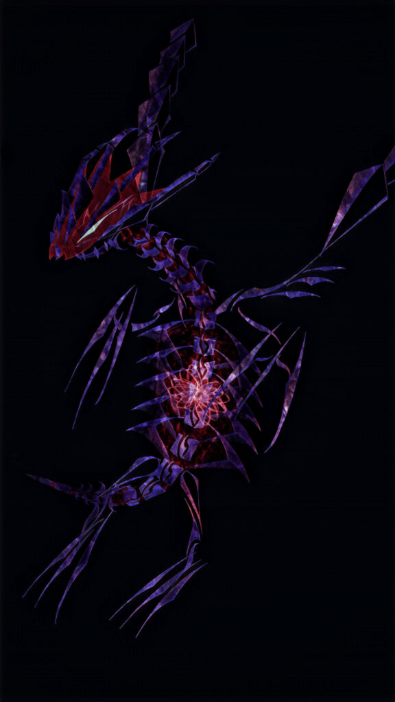 Dark Eternatus skeleton wallpaper in deep purple and glowing red with abstract angular design