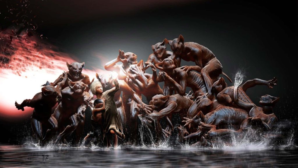 Dark fantasy wallpaper child with glowing orb faces clawed monsters in fiery chaotic battle
