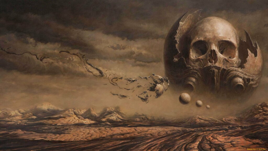 Dark Fantasies Unleashed: A Gray Skull Fantasy Artwork HD Wallpaper Background Photo