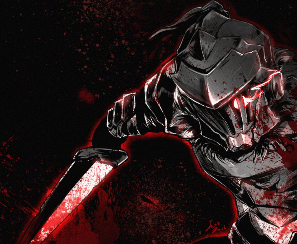 Goblin Slayer digital art with glowing blade in red black battle scene dark fantasy wallpaper