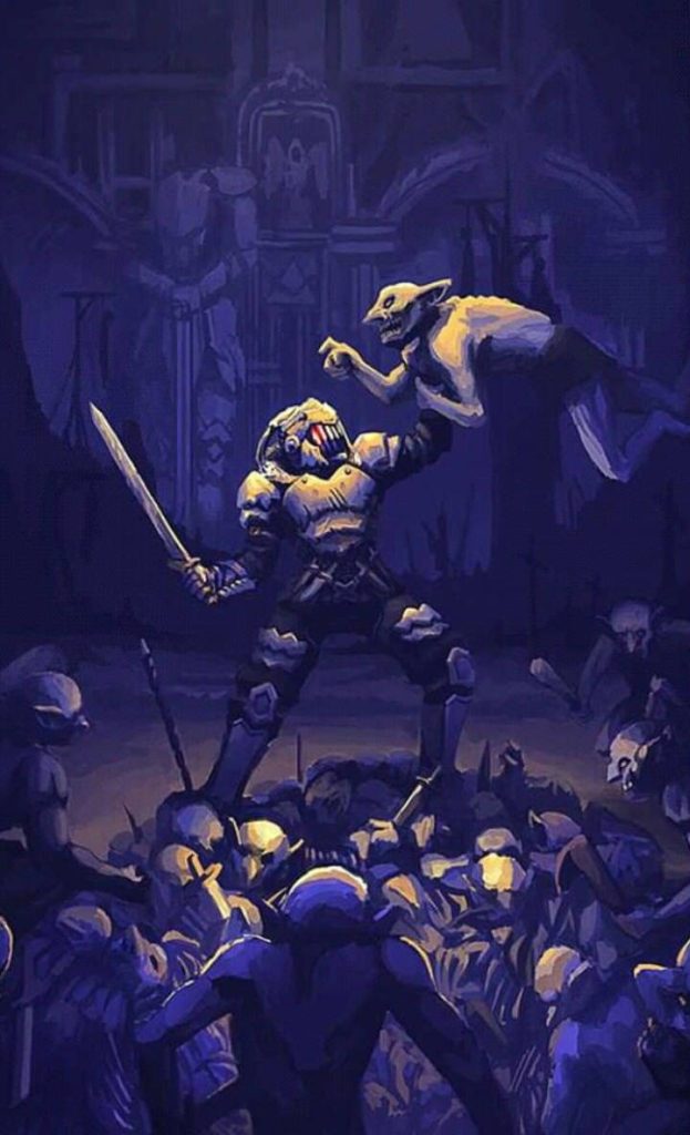 Goblin Slayer armored warrior gripping goblin in dark dungeon with purple moody lighting wallpaper