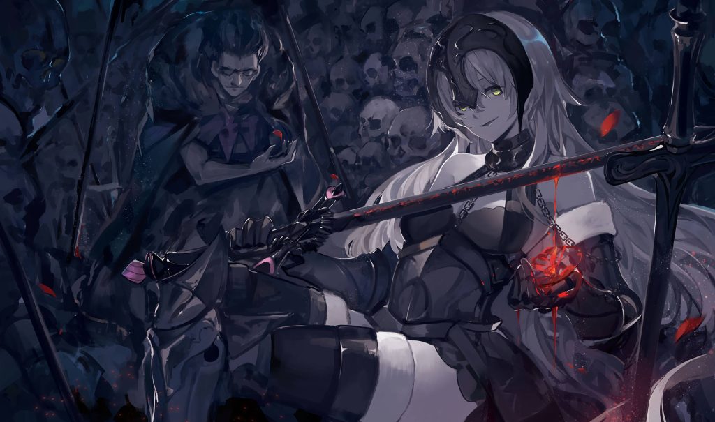 Dark fantasy anime wallpaper Jeanne d'Arc Alter and Gilles de Rais with skulls and glowing orb