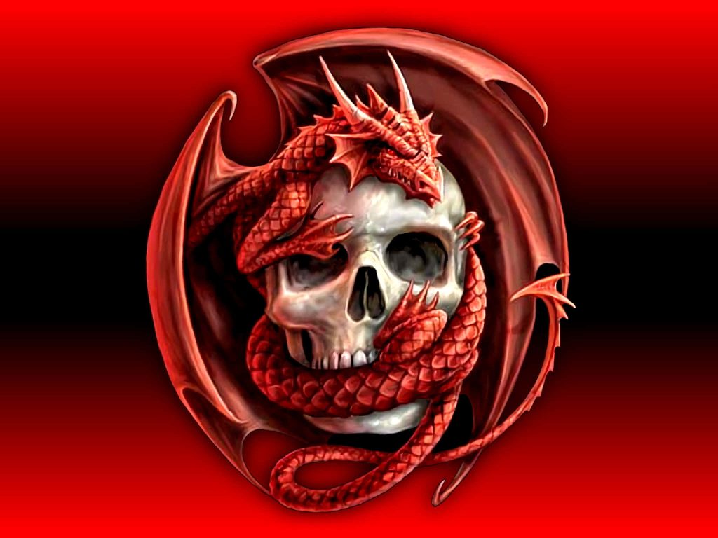 Detailed human skull entwined by coiled red dragon on vibrant red gothic fantasy wallpaper background