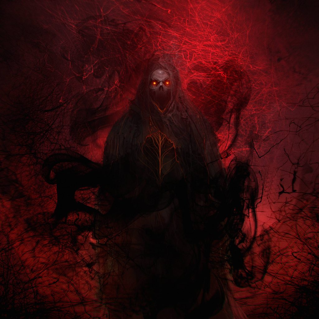 Hooded skeletal figure with red eyes rising from crimson smoke dark fantasy wallpaper background