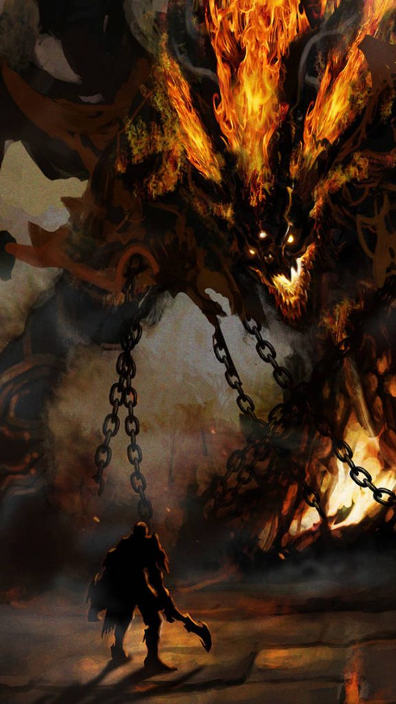 Dark fantasy wallpaper of warrior battling towering flame demon in fiery Hell with heavy chains