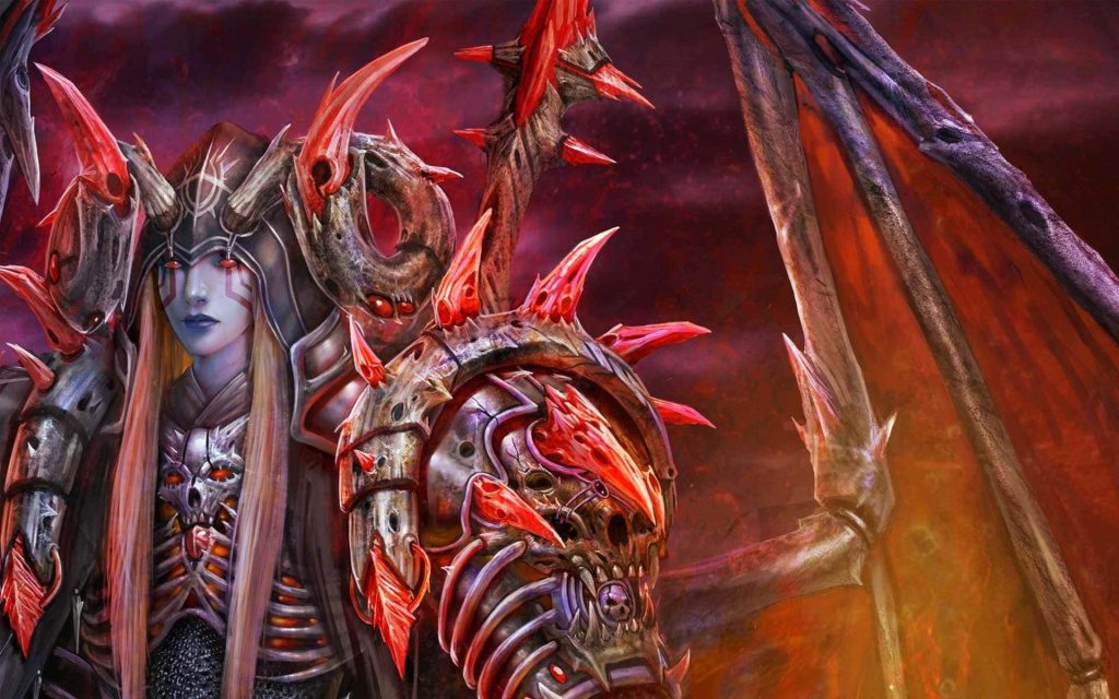 Dark fantasy warrior with skull armor and glowing red crystals in fiery epic digital art wallpaper