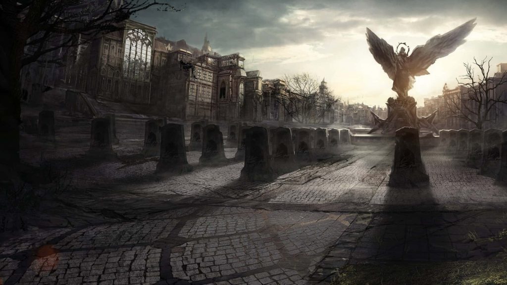 Dark fantasy winged statue in gloomy cobblestone cemetery with gothic cathedral and sunbeams Wallpaper