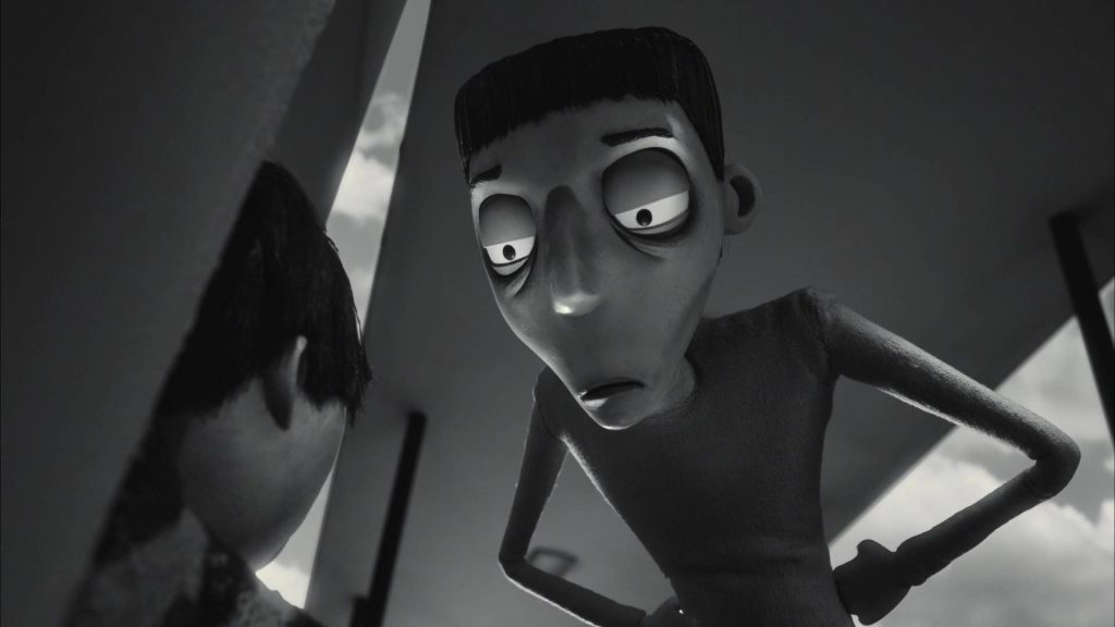 Black and white Frankenweenie wallpaper featuring Nassor the cynical bully in Tim Burton style