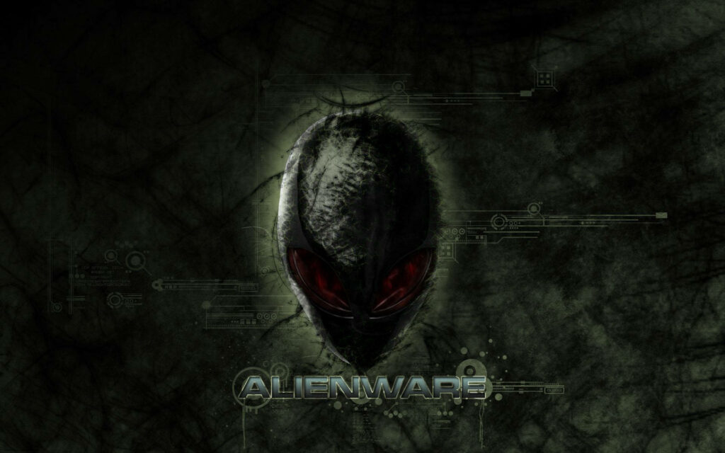 Dark futuristic Alienware wallpaper with glowing red alien head and digital tech background